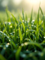 Obraz premium Morning dew on fresh green grass blades, illuminated by soft golden sunlight. Refreshing, natural, and peaceful scene.