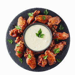 delicious buffalo wings on a stone plate on a white background