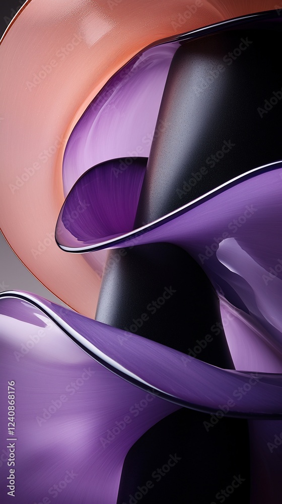 Poster abstract purple and orange shapes swirl; gray background; 3d render; website banner
