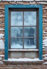 Weathered wooden window with blue patina on snowy day, wooden frame, winter, snow