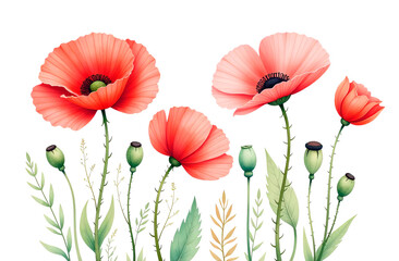 Obraz premium Watercolor illustration of a poppy flower isolated on a white background. Botanical illustration of a red poppy for packaging design, postcards.