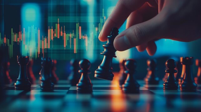 Strategic chess move in business environment close-up analysis of a hand on chess piece dynamic financial graphs urban setting concept of competition