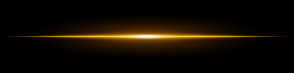 Bright yellow horizontal light beam on a black background. Glowing laser effect creating a futuristic and sci-fi aesthetic. Suitable for technology, energy, speed, and digital design themes