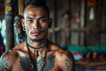 Portrait of a tattooed asian man showing his traditional ornaments