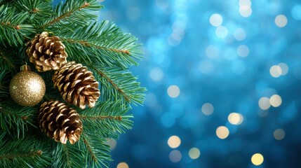 Festive Pine Branch with Pinecones and Golden Ornament on Blue Background