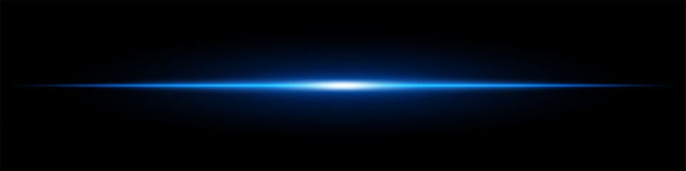 Bright blue horizontal light beam on a black background. Glowing laser effect creating a futuristic and sci-fi aesthetic. Suitable for technology, energy, speed, and digital design themes
