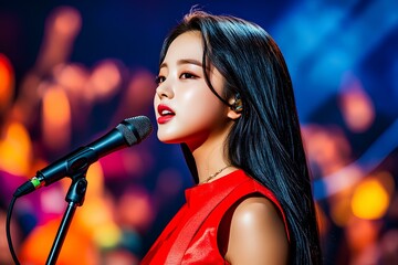 A soulful young Asian female singer stands under the spotlight, delivering a stunning performance...