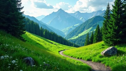 Naklejka premium Green track winds through forest, mountains loom , outdoor fitness, athletic