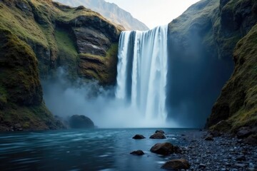 Fototapeta premium Waterfall flows over rocky terrain with mist veil, waterfall, rocky, rock