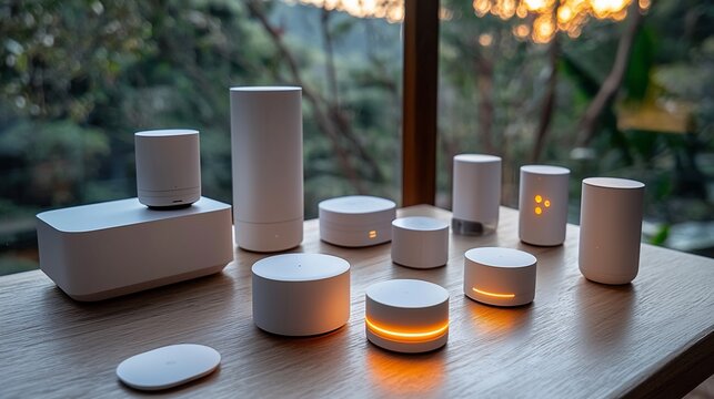 Smart home devices on wooden table, sunset view