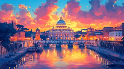 Fototapeta premium St. Peter Basilica in Rome Poster Ilustration Travel Print Decor Gift Paper Canvas Wall Retro Art