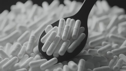 Spoonful of White Capsules on a Dark Background for Healthcare Visuals