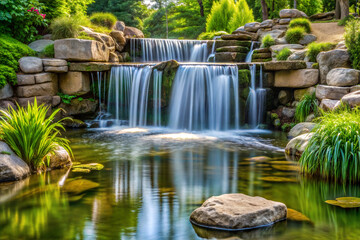 Naklejka premium A Small Waterfall Cascading into a Pond