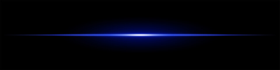 Bright blue horizontal light beam on a black background. Glowing laser effect creating a futuristic and sci-fi aesthetic. Suitable for technology, energy, speed, and digital design themes