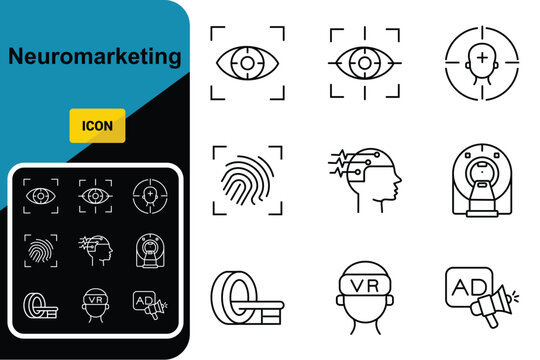 Neuromarketing icon Line Icon Set, Editable Stroke. Eye Tracking, Gaze, Pupillometry, Facial, Coding, Biometric, Vr, Strategy.