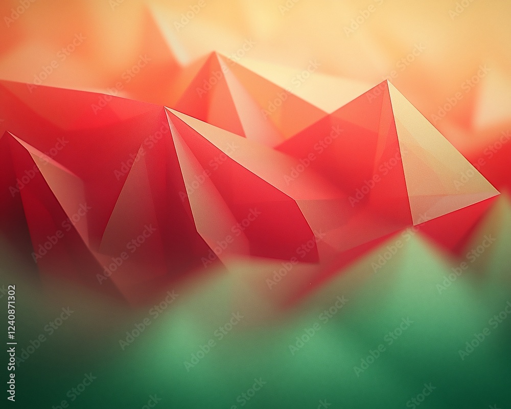 Poster abstract red and green low-poly landscape. background blur, design use