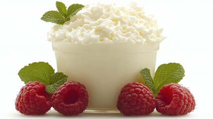 Creamy Dessert with Fresh Raspberries and Mint Leaves