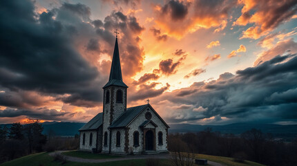 Obraz premium Lonely church standing on a hill at sunset with dramatic sky