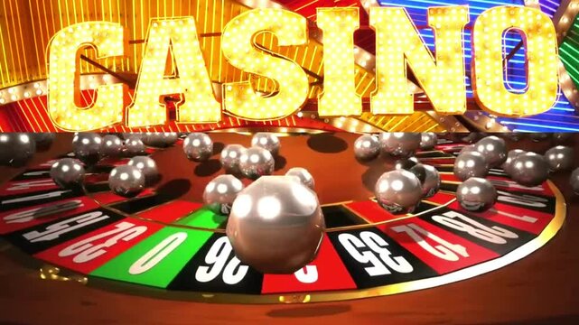 Casino Light, Casino roulette wheel balls spinning numbers. 4k video.
