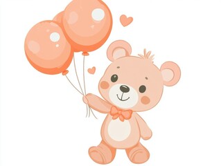 Cute teddy bear with orange balloons and small hearts illustration