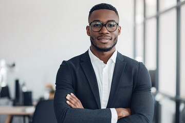 Fototapeta premium Professional businessman posing confidently in modern office portrait photography bright environment indoor setting inspiring professionalism