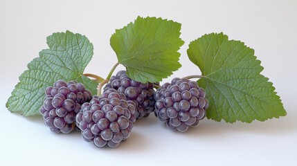 Fototapeta premium Fresh Purple Grapes with Healthy Green Leaves on White Background