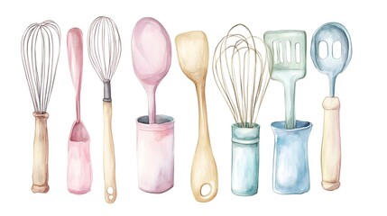 Watercolor Illustration of Pastel Colored Kitchen Utensils