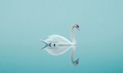 A beautiful white swan gracefully swims in the calm water on a blue background