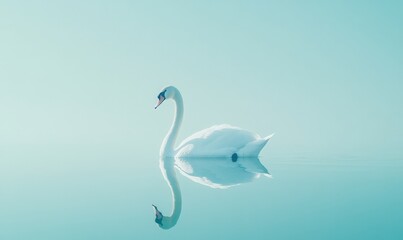 A beautiful white swan gracefully swims in the calm water on a blue background