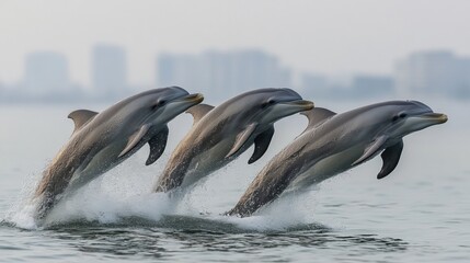 Obraz premium Dolphins leaping gracefully above ocean surface during daytime