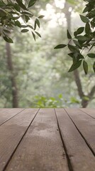 Obraz premium Serene Wooden Deck Overlooking a Misty Green Forest