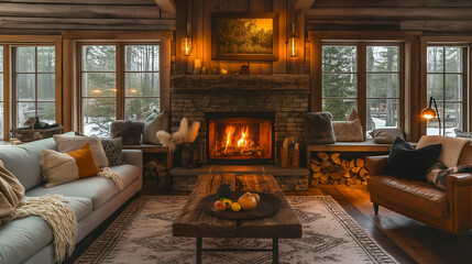 Rustic Cabin Living Room Cozy Fireplace Winter Design, Warm Wooden Lodge Decor.