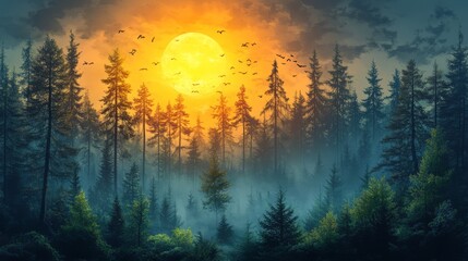 Obraz premium Misty Forest At Sunset With A Large Yellow Moon And Flying Birds.