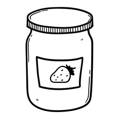 Hand drawn doodle jar of strawberry jam on white background.
