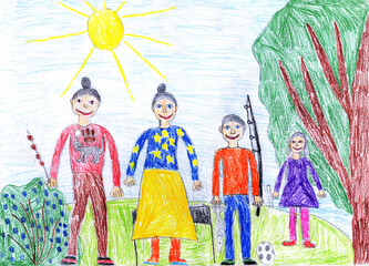 Obraz premium Children's drawing. Familie in the forest