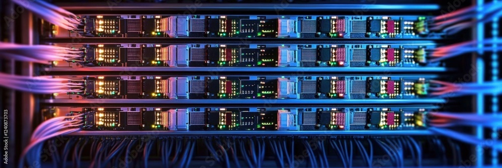 Poster data center network device overview with cables in a modern setup for technology and infrastructure 