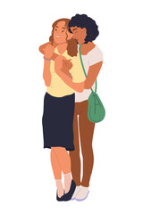 Young couple in love, happy lesbian lovers hugging. Romantic partners. Enamored characters, LGBTQ people. Vector illustration isolated on white background