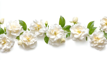 Beautiful Arrangement of White Flowers with Green Leaves on White Background