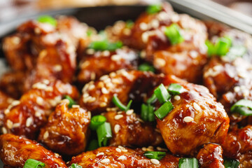 delicious juicy Japanese teriyaki chicken on rice on a gray background