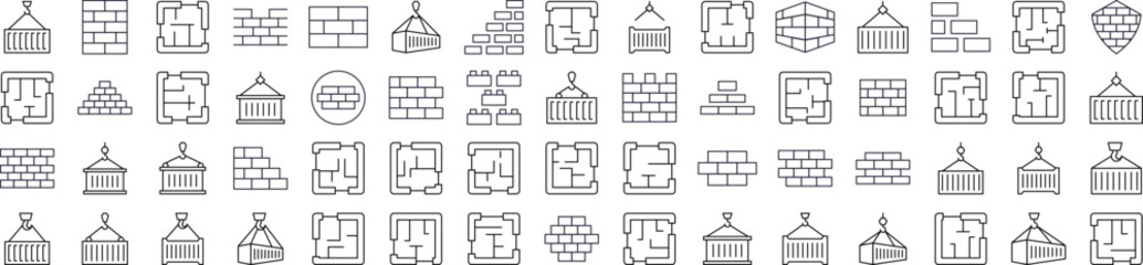 Brick Wall, Floor Plan, Building Thin Line Icon Set. Outline Signs for Graphic and Web Design, Apps, Adverts, Various Cards