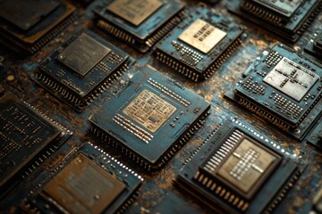 Closeup of electronic circuit board with microchips