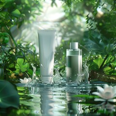 Cosmetic lotion tube splashing in water amid tropical nature. Dynamic shot with lush greenery and refreshing droplets, ideal for skincare branding. Elegant beauty product in a rainforest water splash.