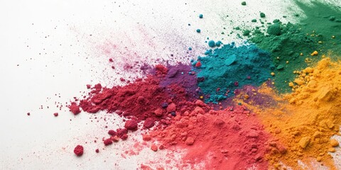 Obraz premium Vibrant holi colors splattered across a pristine white background creating an artistic canvas of hues, artsy, colorful, festive atmosphere, bright colors, colorful background