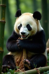 Obraz premium Panda engrossed in consuming thick bamboo stalks, fur, panda