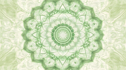 A pastel green mandala pattern with intricate designs and balanced symmetry.