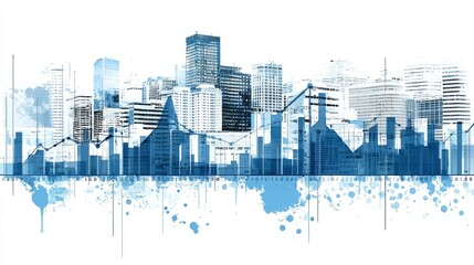 Obraz premium Cityscape Skyline Overlaid With Financial Growth Charts