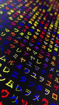三原色・コンピュータ空間のランダムな文字列・さまざまな文字を含むデータベース・エンコードされたプログラム内のデータセット・数学的計算・大規模言語モデル・機械翻訳・カタカナ・日本語・縦長・ビデオ
