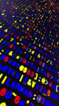 コンピュータ空間のランダムな文字列・さまざまな文字を含むデータベース・エンコードされたプログラム内のデータセット・数学的計算・大規模言語モデル・機械翻訳・英数字記号・縦長・ビデオ

