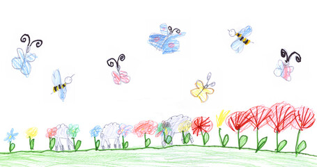 Cheerful children's background. Sheep graze on a flowering meadow