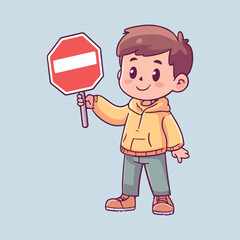 Cute little boy carrying stop symbol vector illustration 